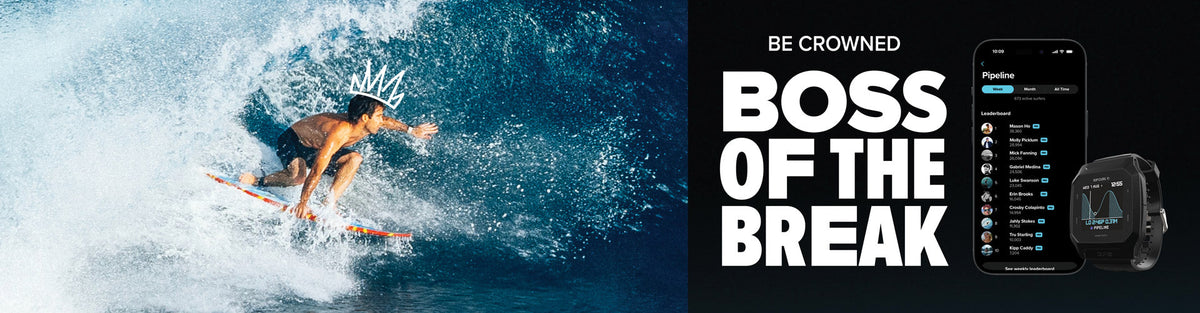Surfer riding a wave with 'Boss of the Break' text and smartphone app on the right.