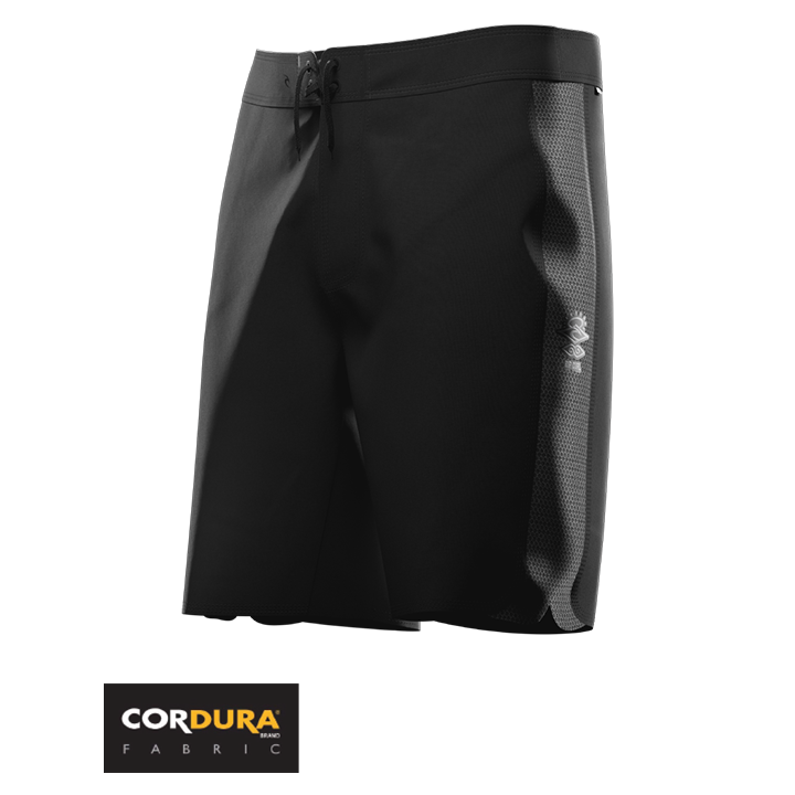 Black shorts with a visible brand logo on a white background