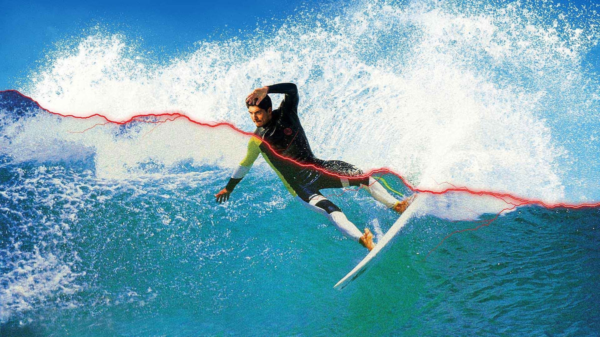 Split image of Medina surfing in the Fusion Wetsuit
