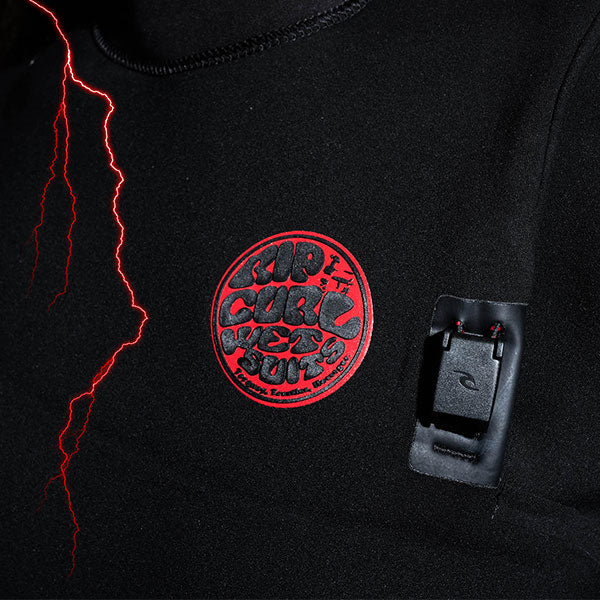 Black garment with a red and white logo and a black buckle detail.