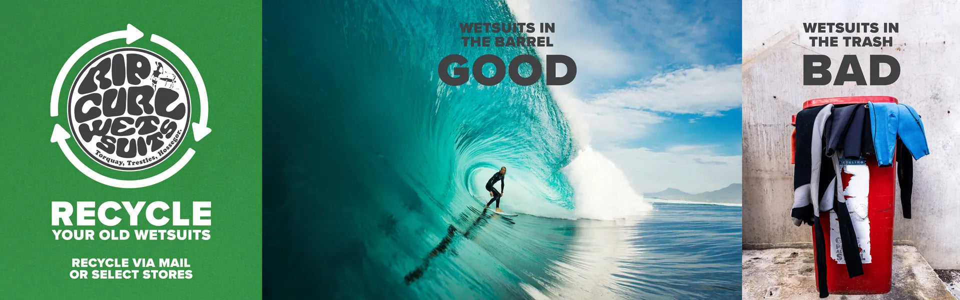 Three images related to Rip Curl's wetsuit recycling campaign.