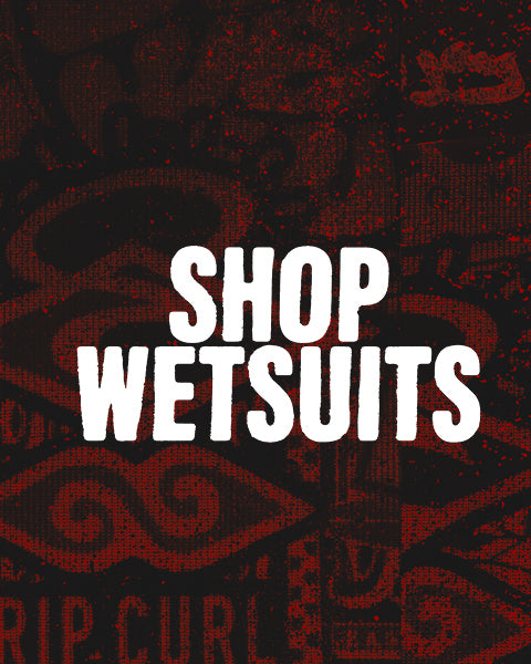 Text 'Shop Wetsuits' on a red patterned background with Rip Curl logo.