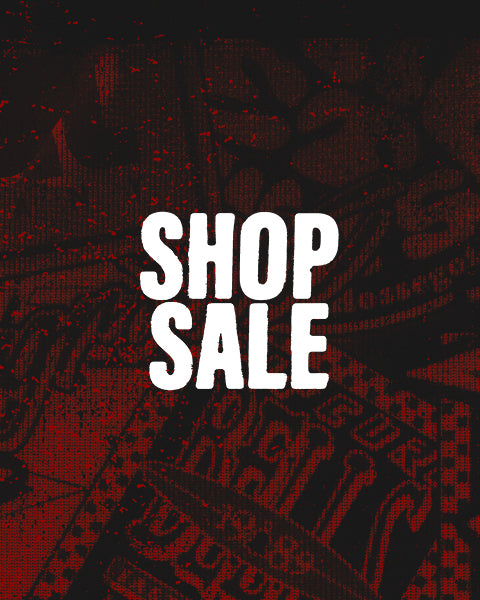 Red and black patterned background with 'SHOP SALE' text in white
