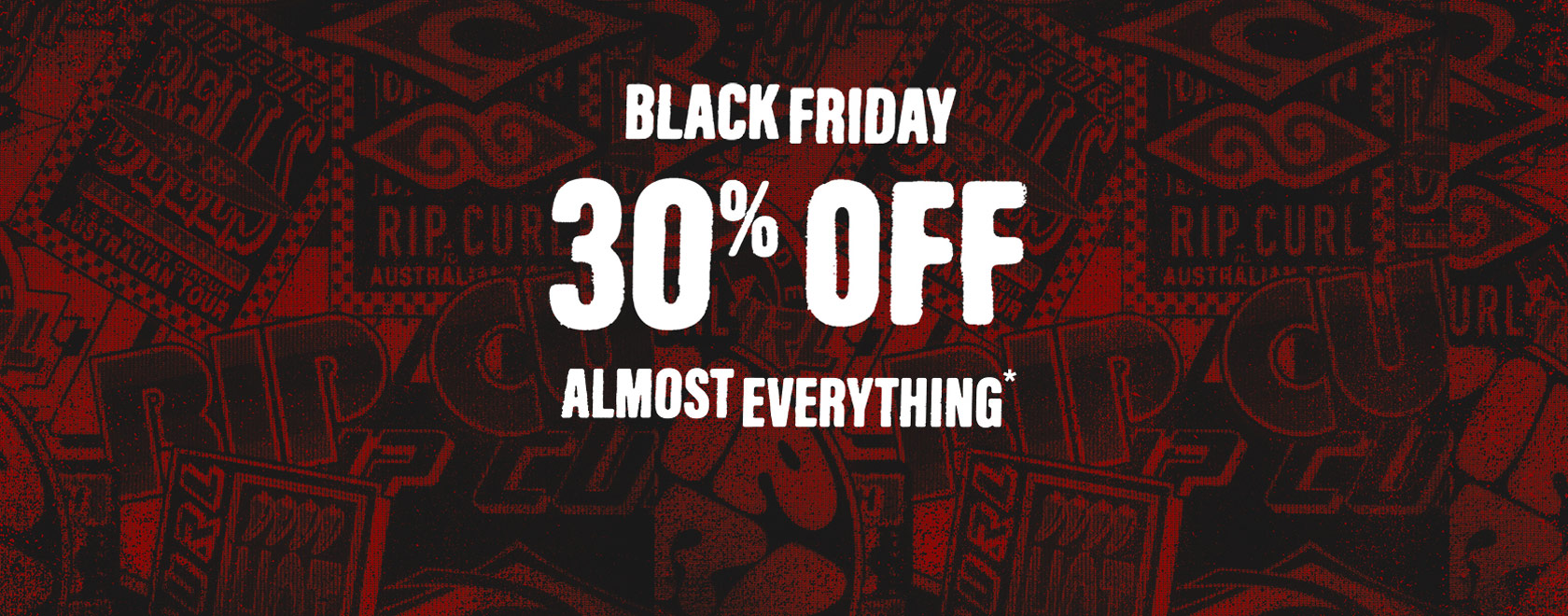 Black Friday sale banner with 30% off text on a red patterned background.