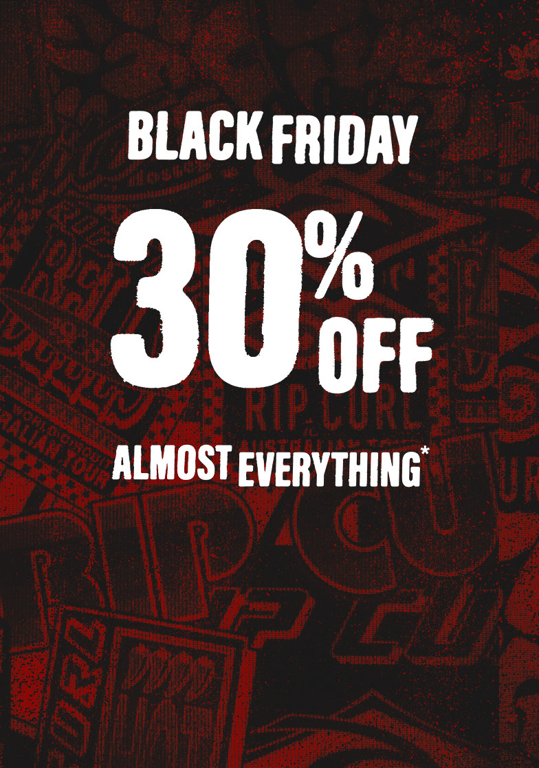 Black Friday sale advertisement with 30% off text on a dark background with brand logos.