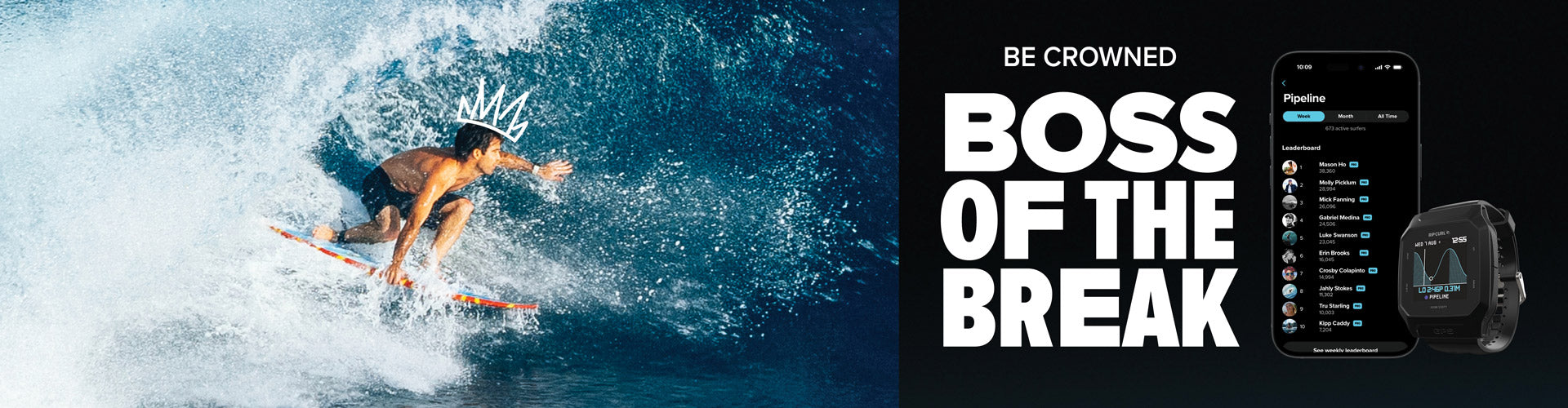Surfer riding a wave with 'Boss of the Break' text and smartphone app on the right.