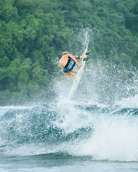 Person surfing a wave with a forest in the background