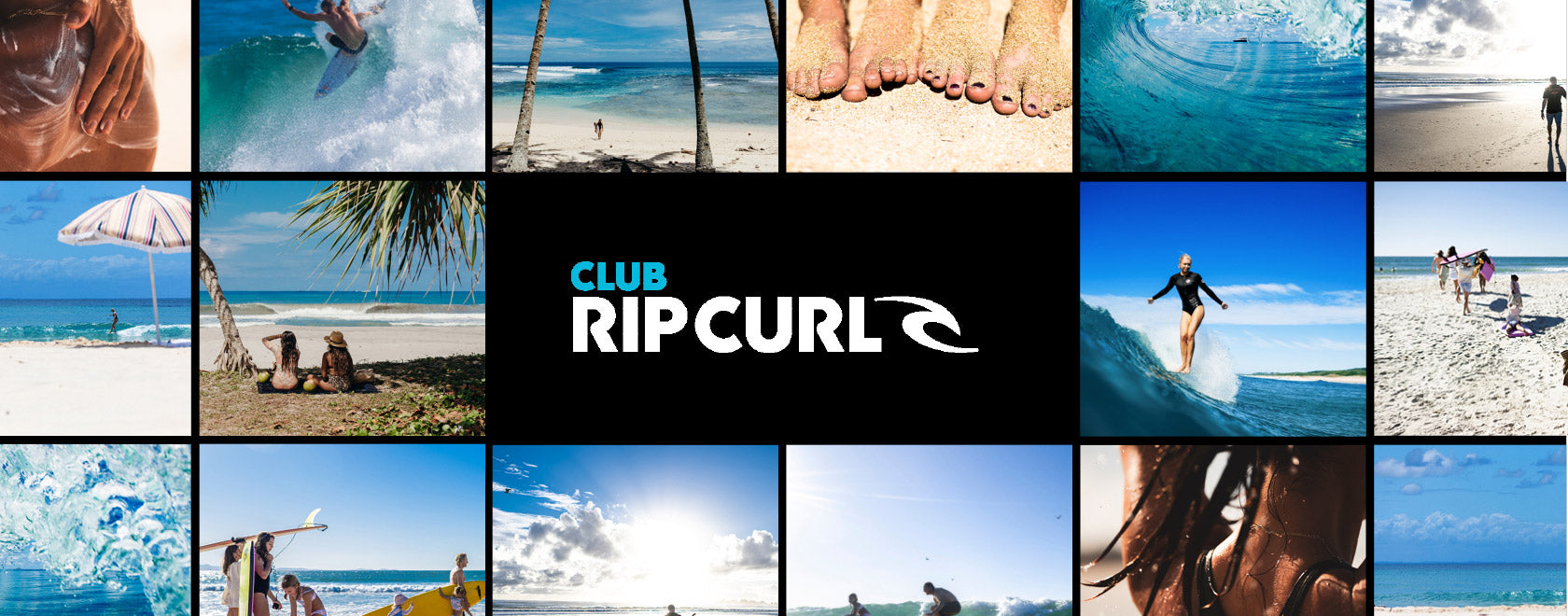 Collage of beach scenes with 'Club Rip Curl' logo in the center