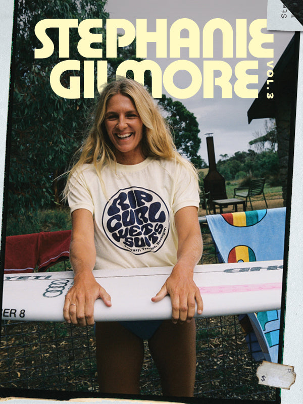 Woman holding a surfboard with 'Stephanie Gilmore Vol. 3' text on a magazine cover.