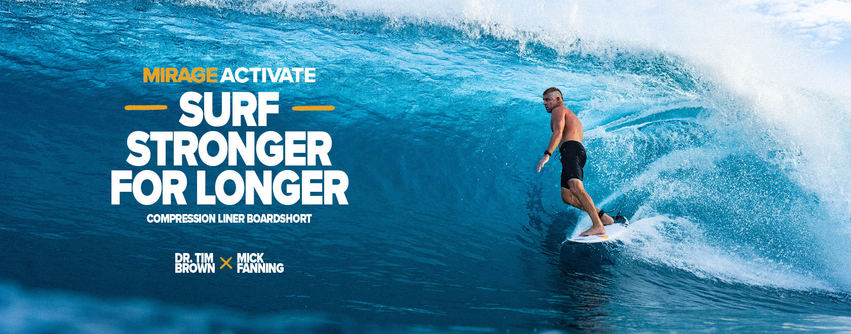 Person surfing on a wave with 'Mirage Activate' branding and text.