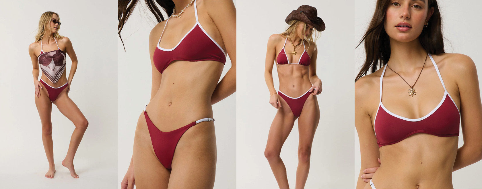 A four-panel collage showing a woman modeling a one-piece bikini. The bikini has a deep burgundy body with white trim and a graphic print on the left cup.