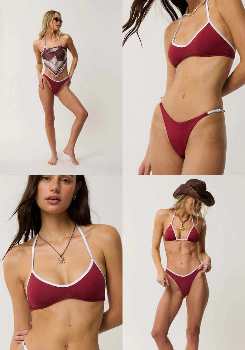 A four-panel collage showing a woman modeling a one-piece and matching bikini set. The swimsuit is deep burgundy with white trim, and the collage includes full-body, cropped torso, close-up bust, and hat-worn views on a plain light gray studio background.