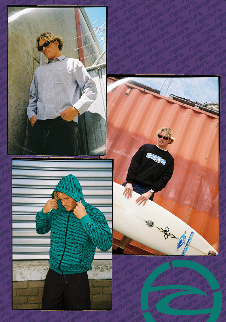 A collage of three lifestyle photos featuring a man wearing different streetwear outfits: a light blue striped button-down shirt, a teal patterned zip-up hoodie, and a black sweatshirt while holding a white surfboard. The photos are arranged on a purple background with a repeating logo pattern.