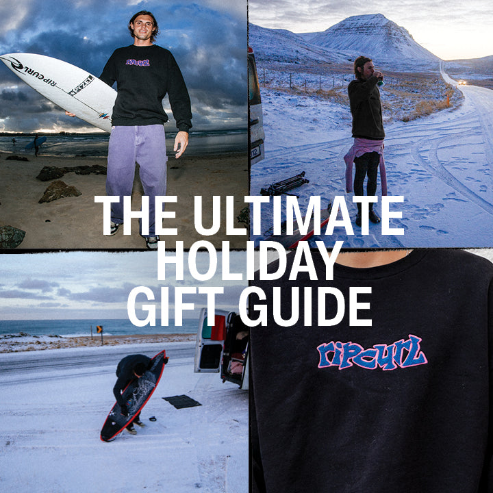 Collage of people with surfboards and text 'The Ultimate Holiday Gift Guide' on a black shirt.