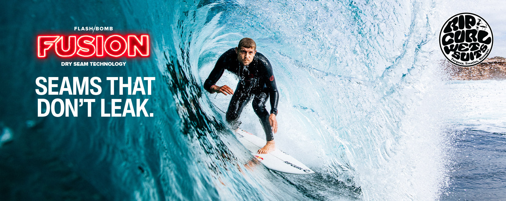 Surfer riding a wave with Fusion advertisement text overlay