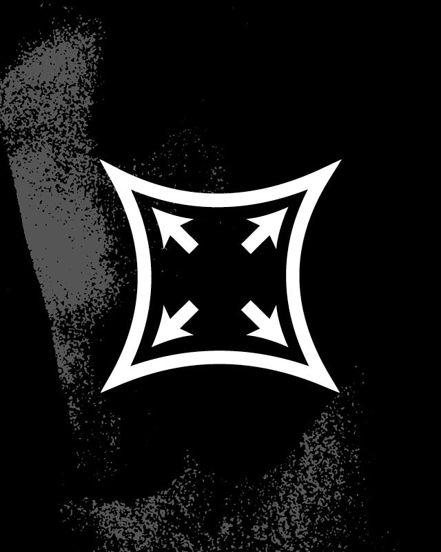 A white stylized four-pointed arrowhead-like emblem centered on a black background with a textured, distressed gray vertical smear on the left side.