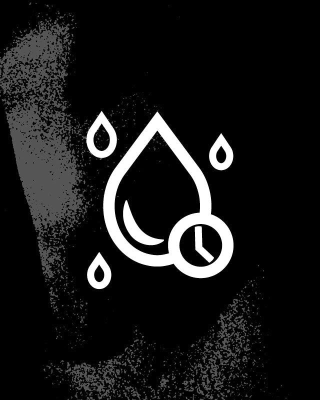 A white outline icon of a water droplet with a clock and small droplets, centered on a black textured background.