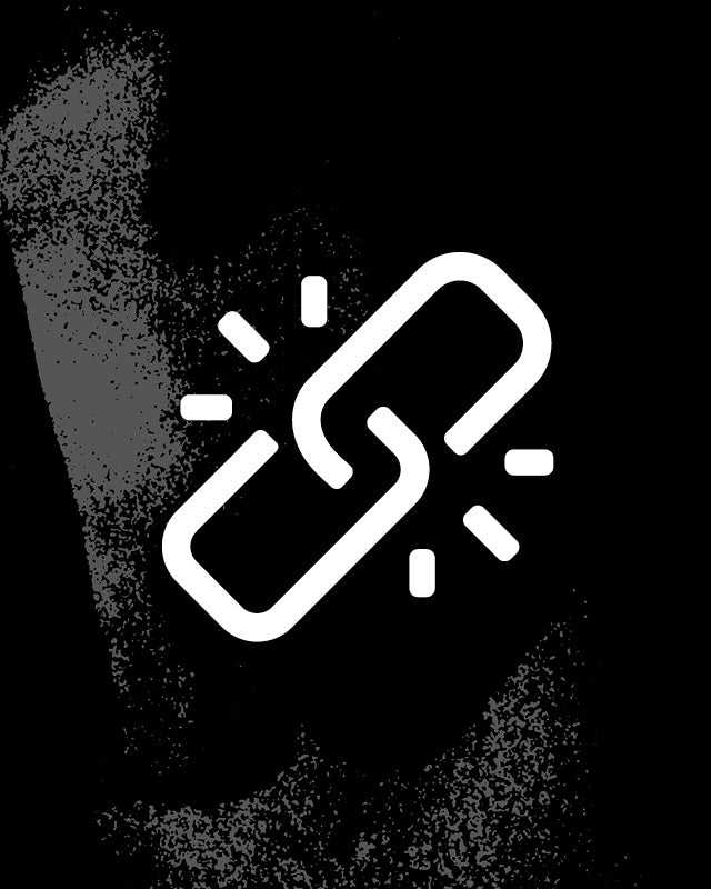 A white chain link icon with radiating lines on a black background with a textured gray vertical band.
