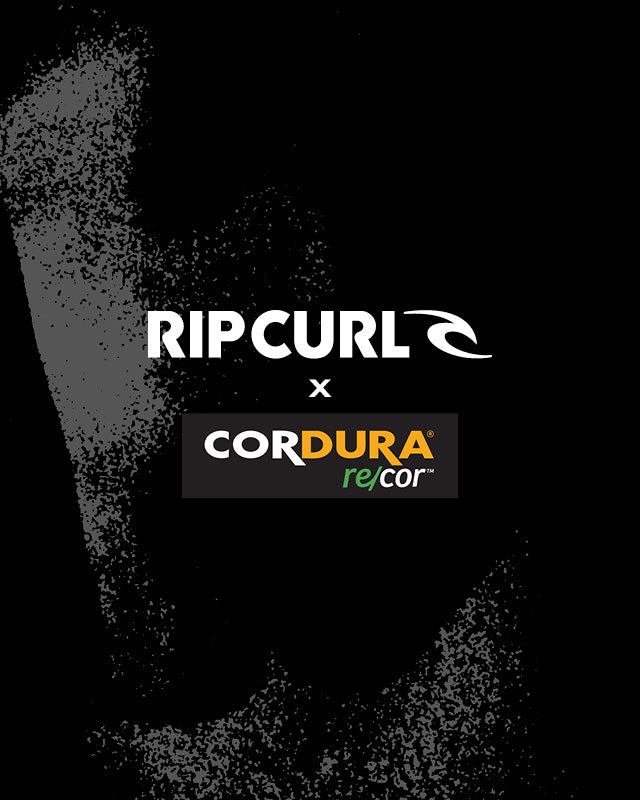 A black promotional graphic featuring the Rip Curl logo in white at the top center, with a central 'x' and the Cordura Recor logo below it. The background is black with a faint gray abstract silhouette and speckled texture.