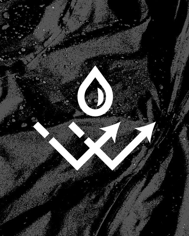 A white abstract logo or emblem consisting of a teardrop shape above intersecting diagonal arrows, centered on a dark black-and-gray marbled or textured background.