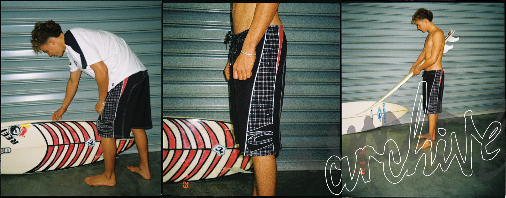 A three-panel collage shows a shirtless young man handling a red, white, and black striped surfboard or paddle-like board in front of a gray corrugated metal wall. The center panel is cropped to the torso and shorts, and the right panel includes a stylized white script overlay.