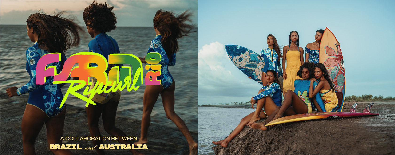 A split-screen promotional image for Fabrice Rice Curl surfwear, showing models in blue patterned rash guards and swimwear on a beach, with surfboards and the text 'Fabrice Rice Curl' and 'A Collaboration Between Brazil and Australia'.