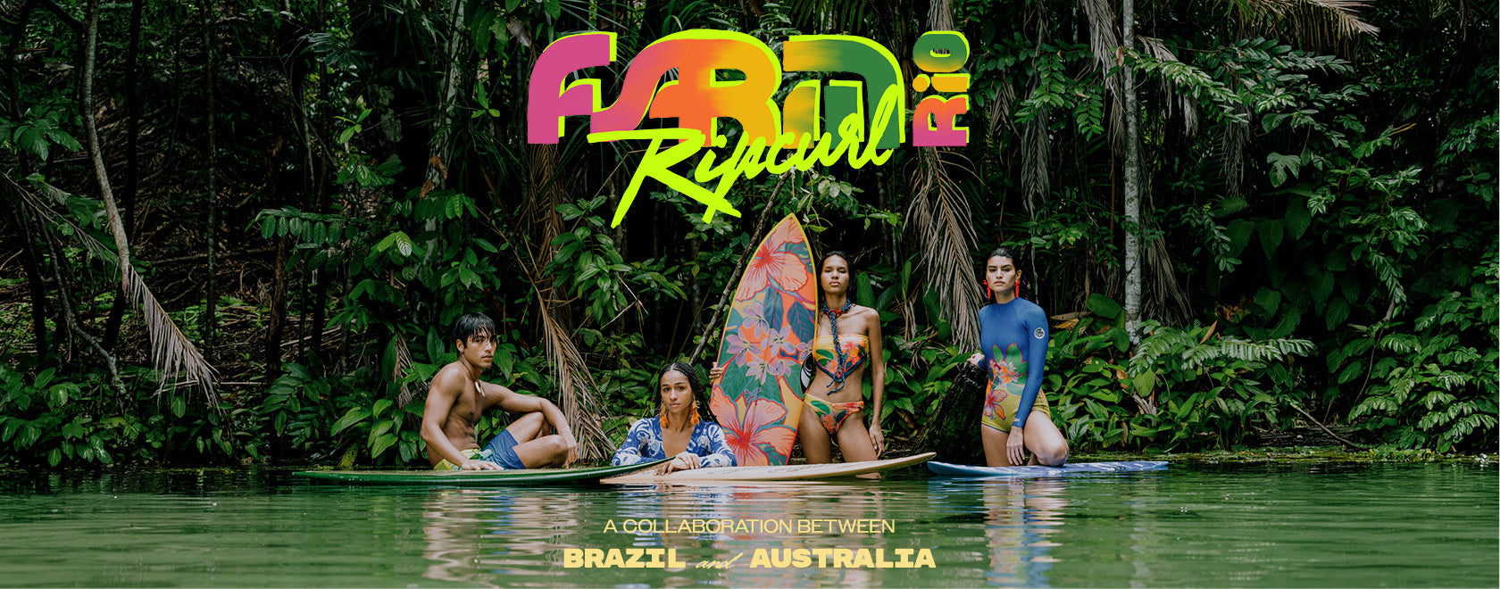 A group of four people sitting on a longboard surfboard in a tropical river surrounded by dense green jungle, with a colorful 'FABRIC RIFLE' logo at the top and 'BRAZIL - AUSTRALIA' text at the bottom.