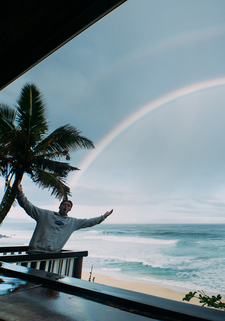 Person standing on a balcony with a palm tree, ocean, and rainbow in the background