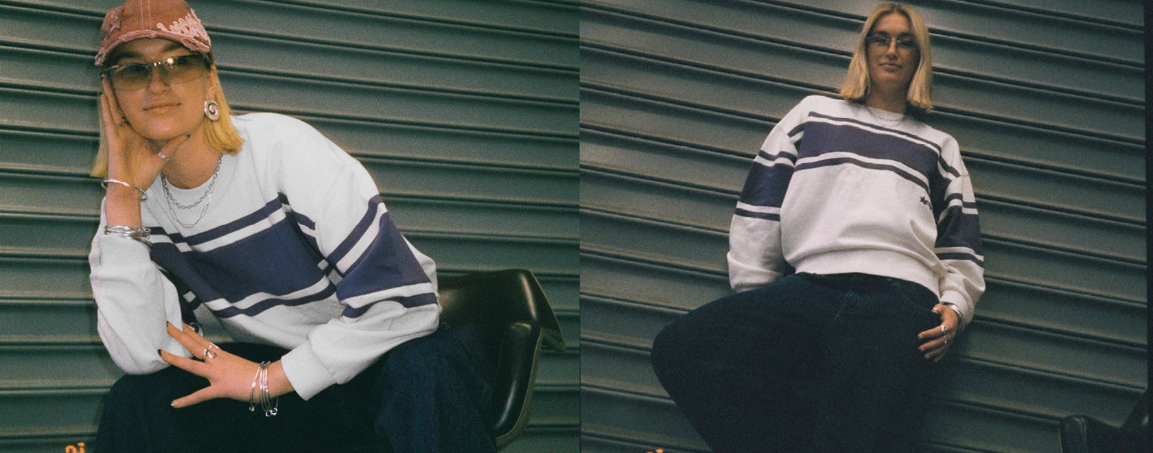 Two side-by-side images of a person wearing a striped sweater against a green wall.