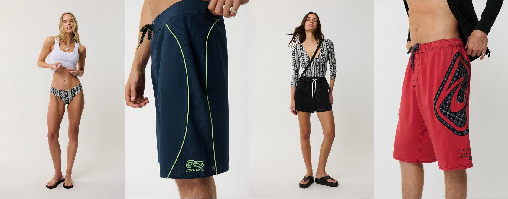 Four-panel collage showing women modeling athletic swim trunks or shorts in a studio setting. The center panel shows a close-up of navy board shorts with bright green piping and a small green logo near the hem.