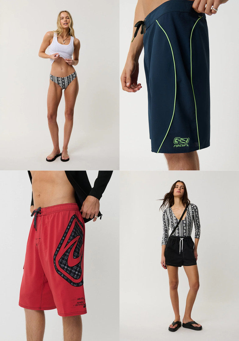 A four-panel collage showing different pairs of Quiksilver board shorts worn by models. The top-left panel shows a woman wearing navy and green patterned swim trunks.