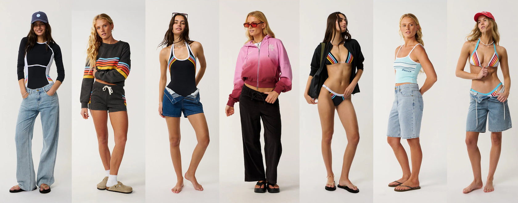 A side-by-side collage of eight women modeling different colorful outfits against a plain white studio background.