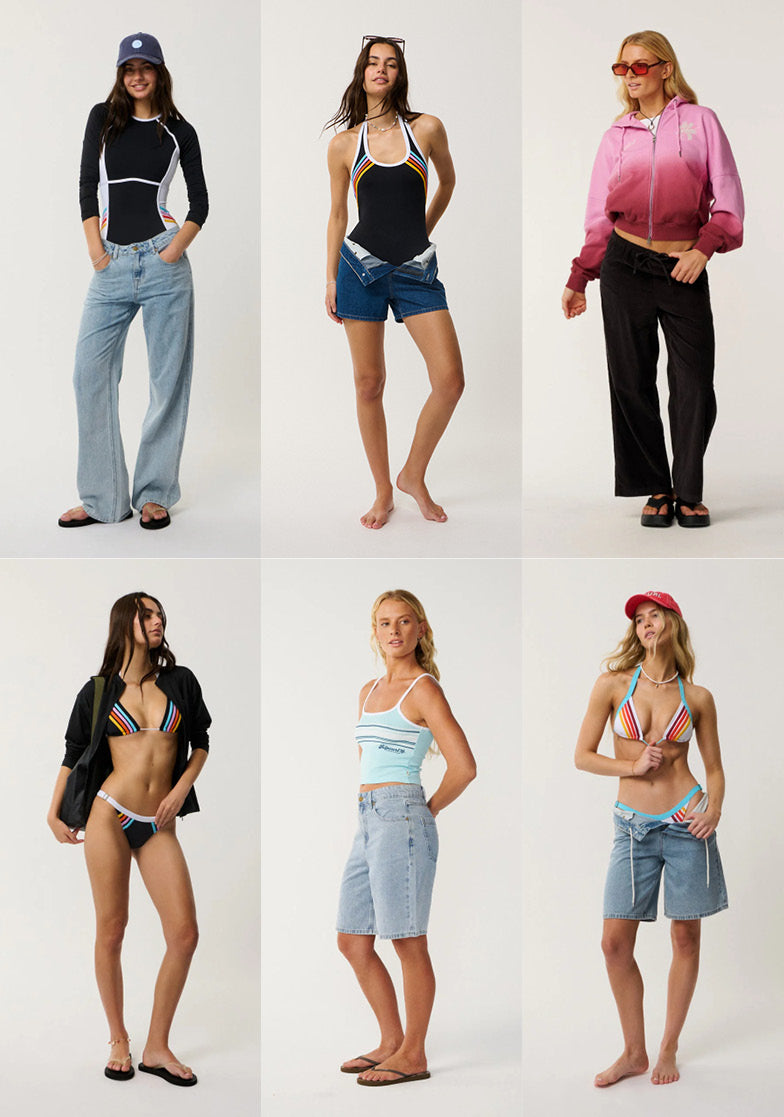 A 2x3 grid of six female models wearing different casual and swimwear outfits against a plain light gray studio background. The outfits include long-sleeve tank tops, shorts, capris, and bikini-style tops with denim bottoms.