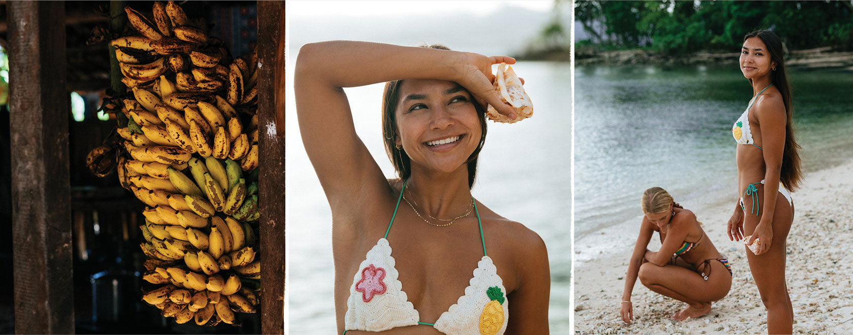 Three images: one of bananas, one of a woman with a shell on a beach, and another of a woman on a beach.