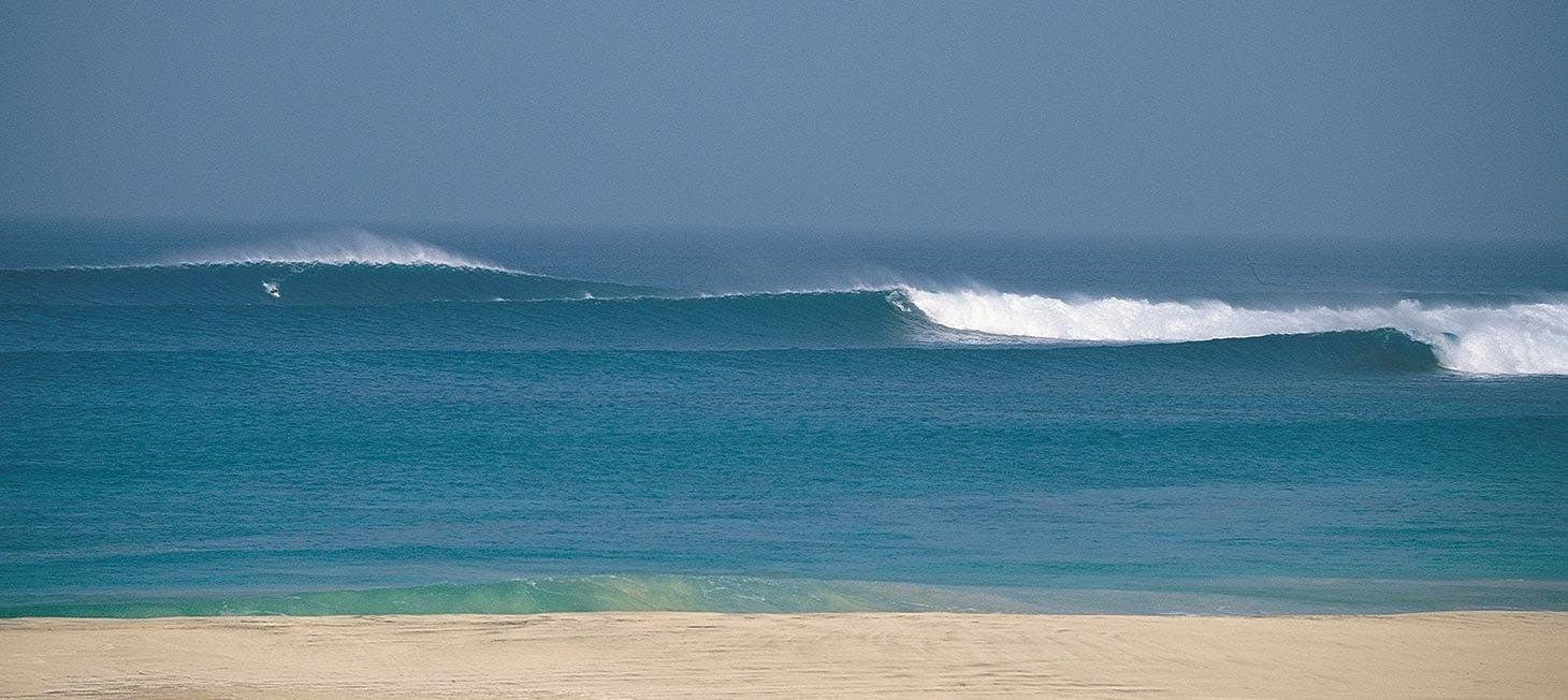 Surfer riding a wave in the ocean with clear blue sky and sand.