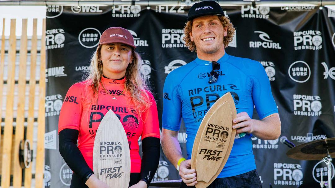 Xavier Huxtable and Nyxie Ryan victorious at Rip Curl Pro URBNSURF QS1000 presented by Pirate Life. 