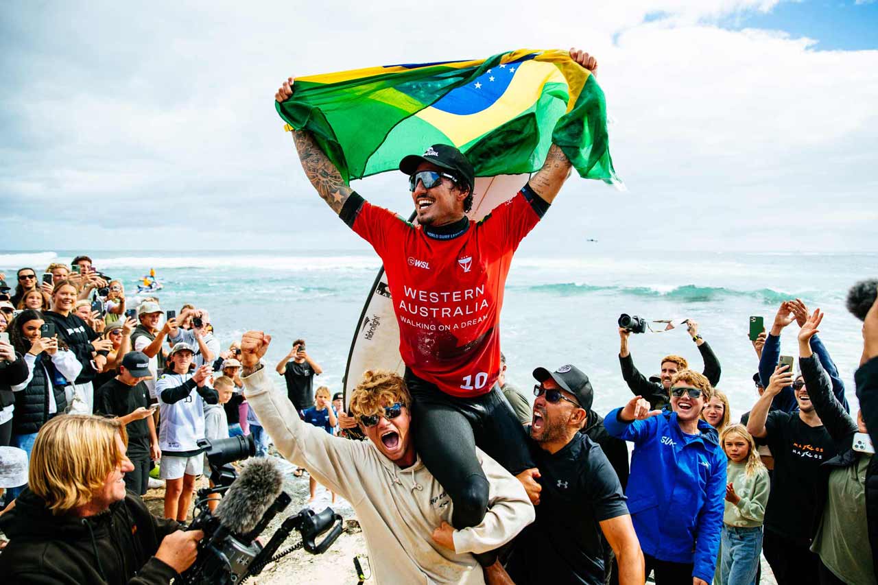 Gabriel Medina being chaired by friends after his win at Margaret River