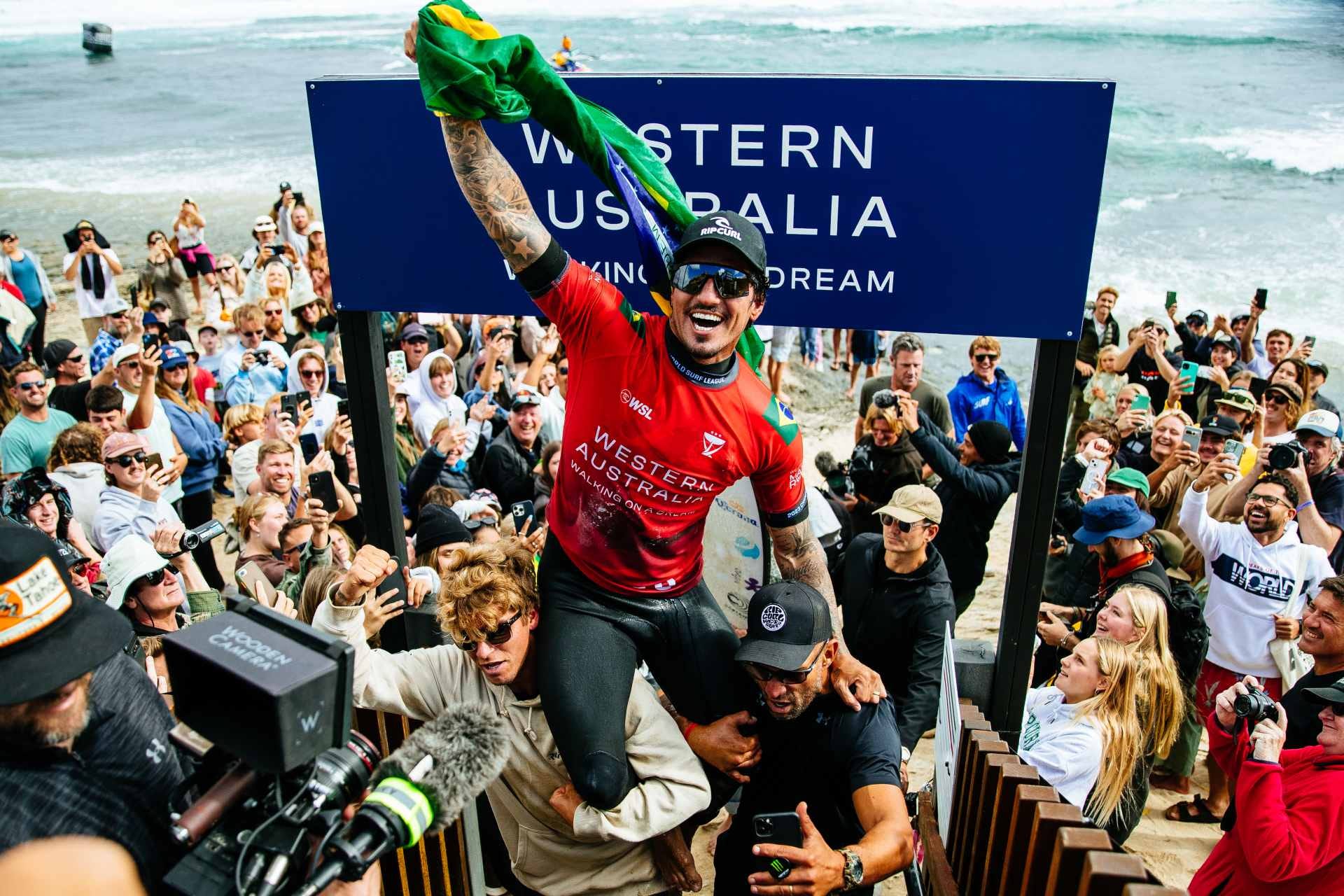 Gabriel Medina being chaired up the Margaret River steps