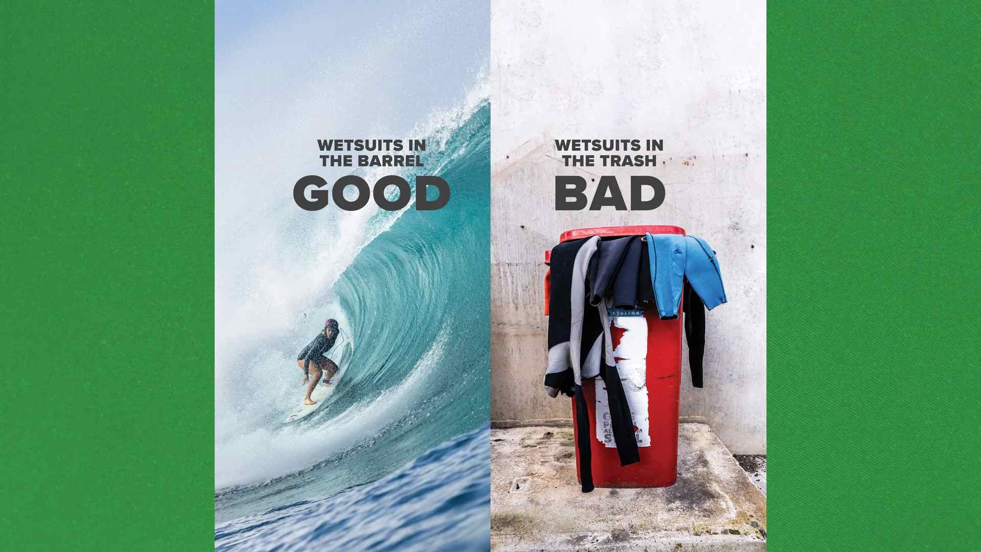 Split image of good and bad wetsuit scenarios. 