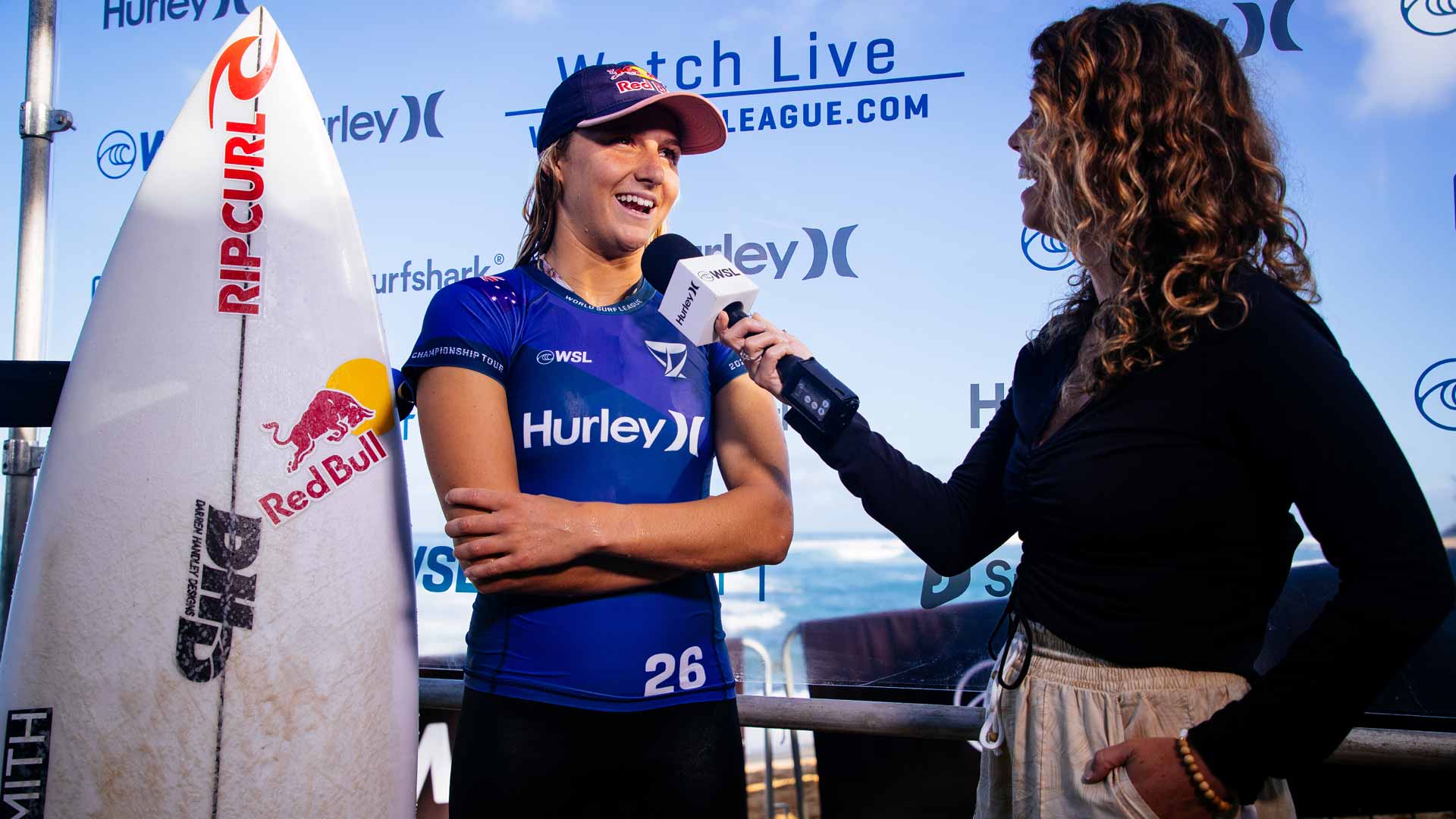 Molly Picklum chatting to reporters after winning the Sunset Beach Pro