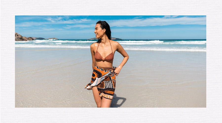 Crystal Ngo wearing a Rip Curl bikini and sarong in Western Australia