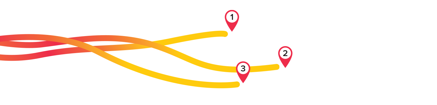 Gradient track lines leading to 1,2 and 3 location icons