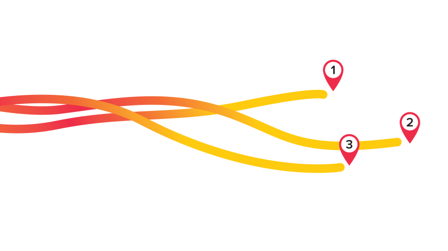 Gradient track lines leading to 1,2 and 3 location icons