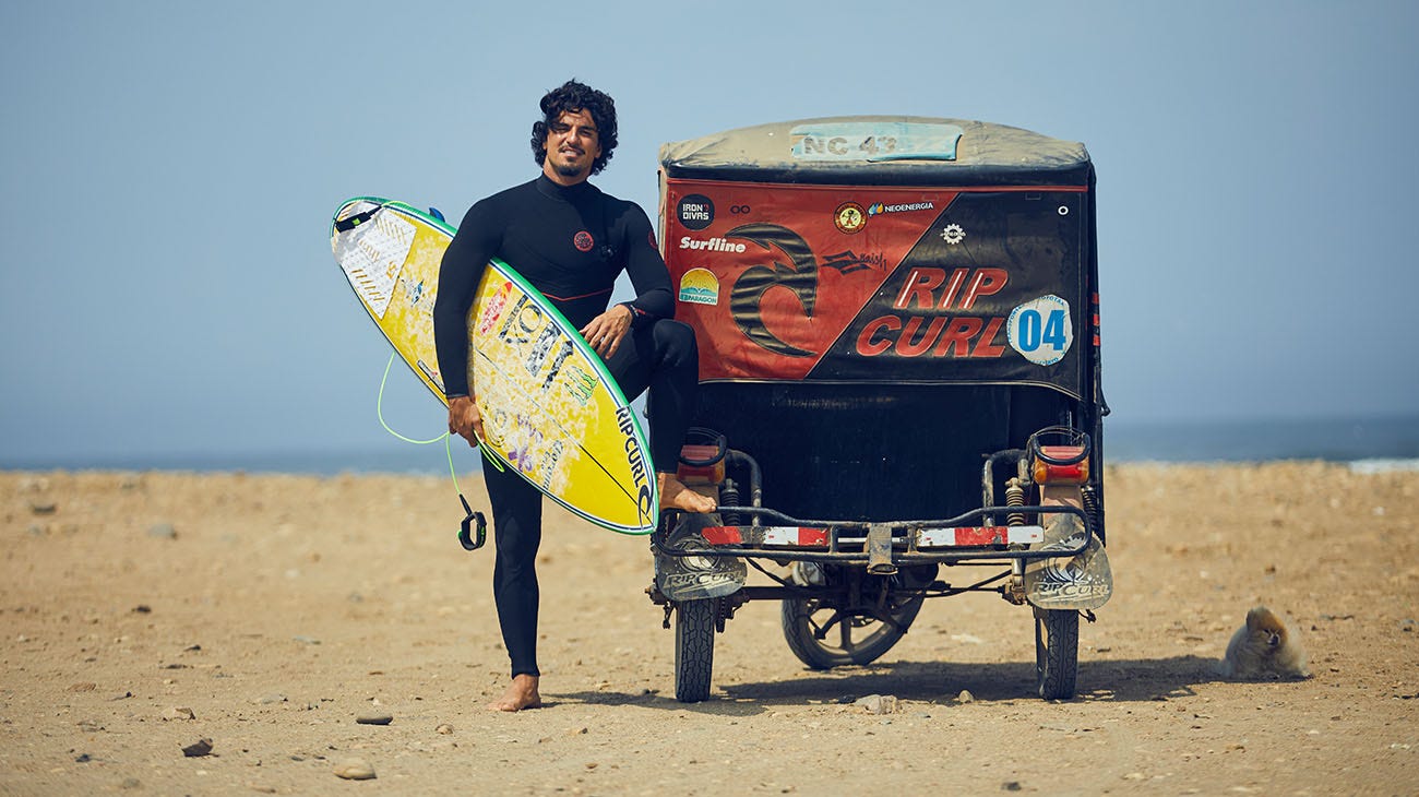 Gabriel Medina with a Rip Curl car