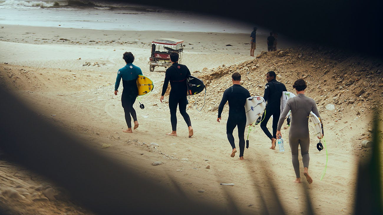 Rip Curl crew walking with their surfboards in Peru