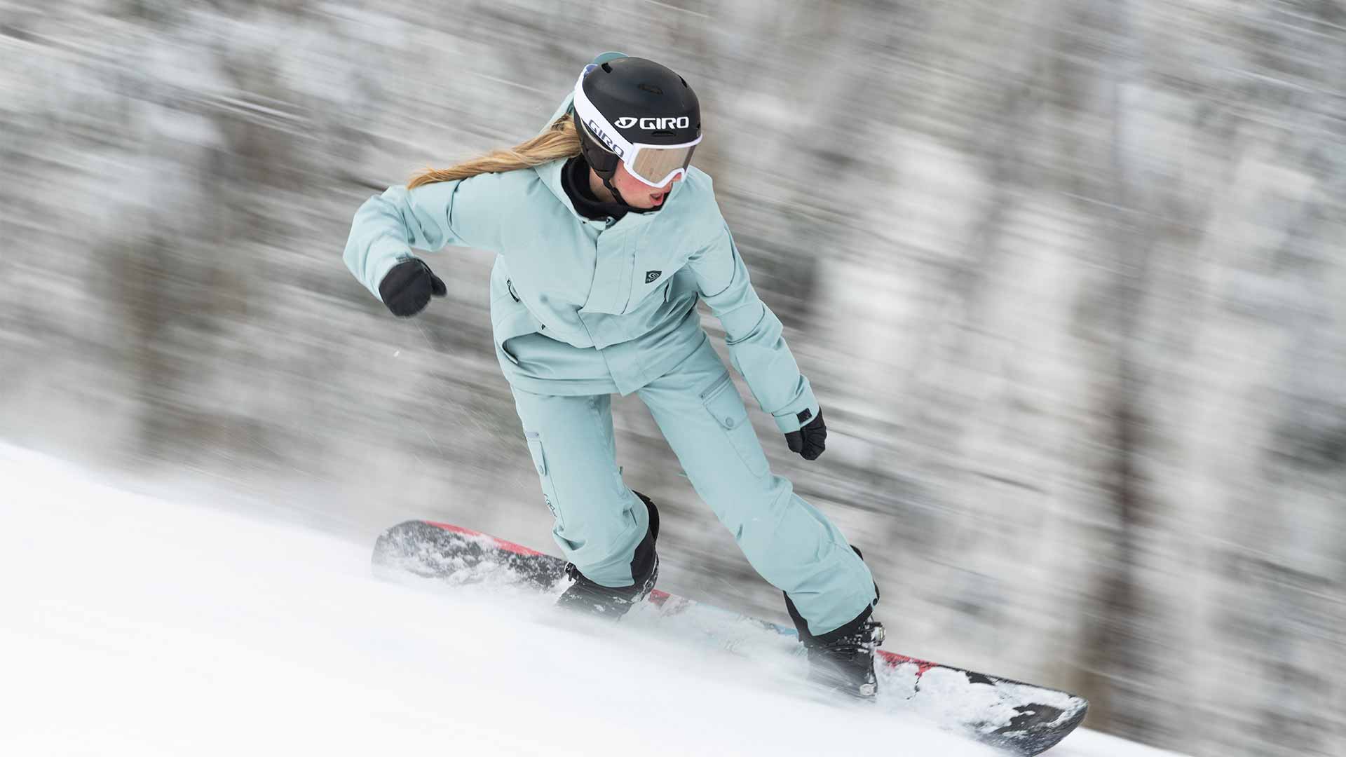 Motion shot of a Rip Curl Snowboarder in France