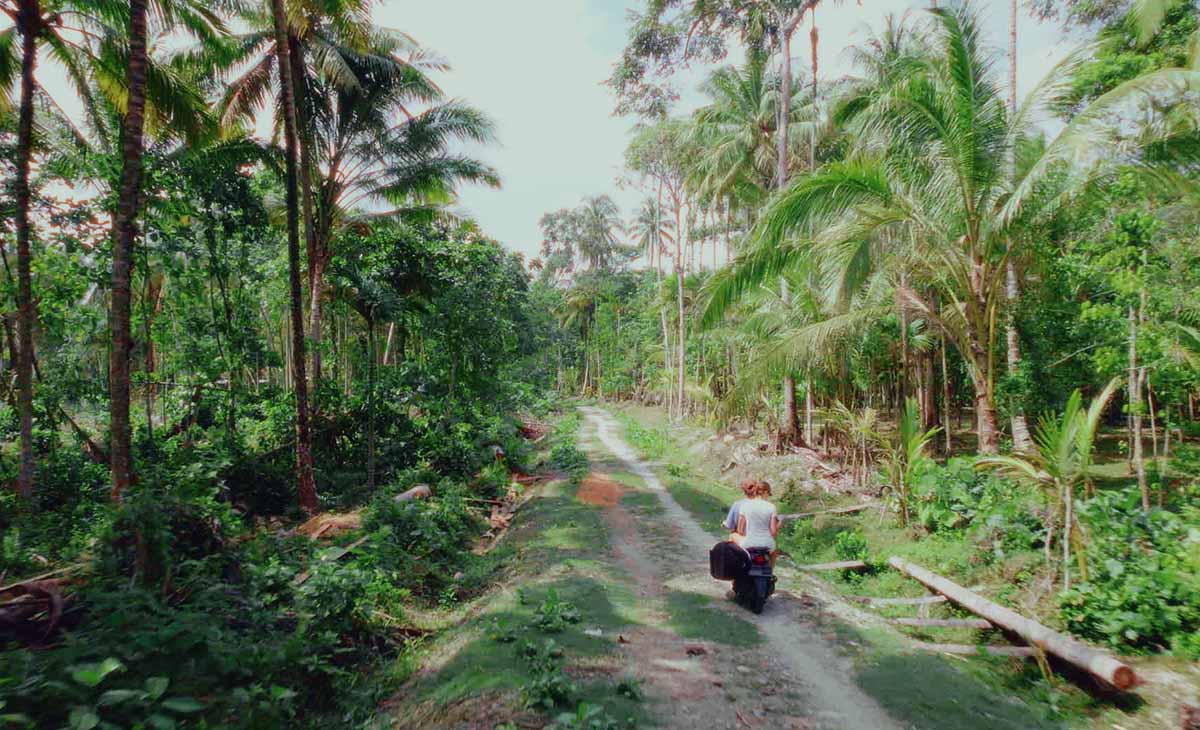 Alex McGuffin and his girlfriend on a scooter in the Indonesia forrest