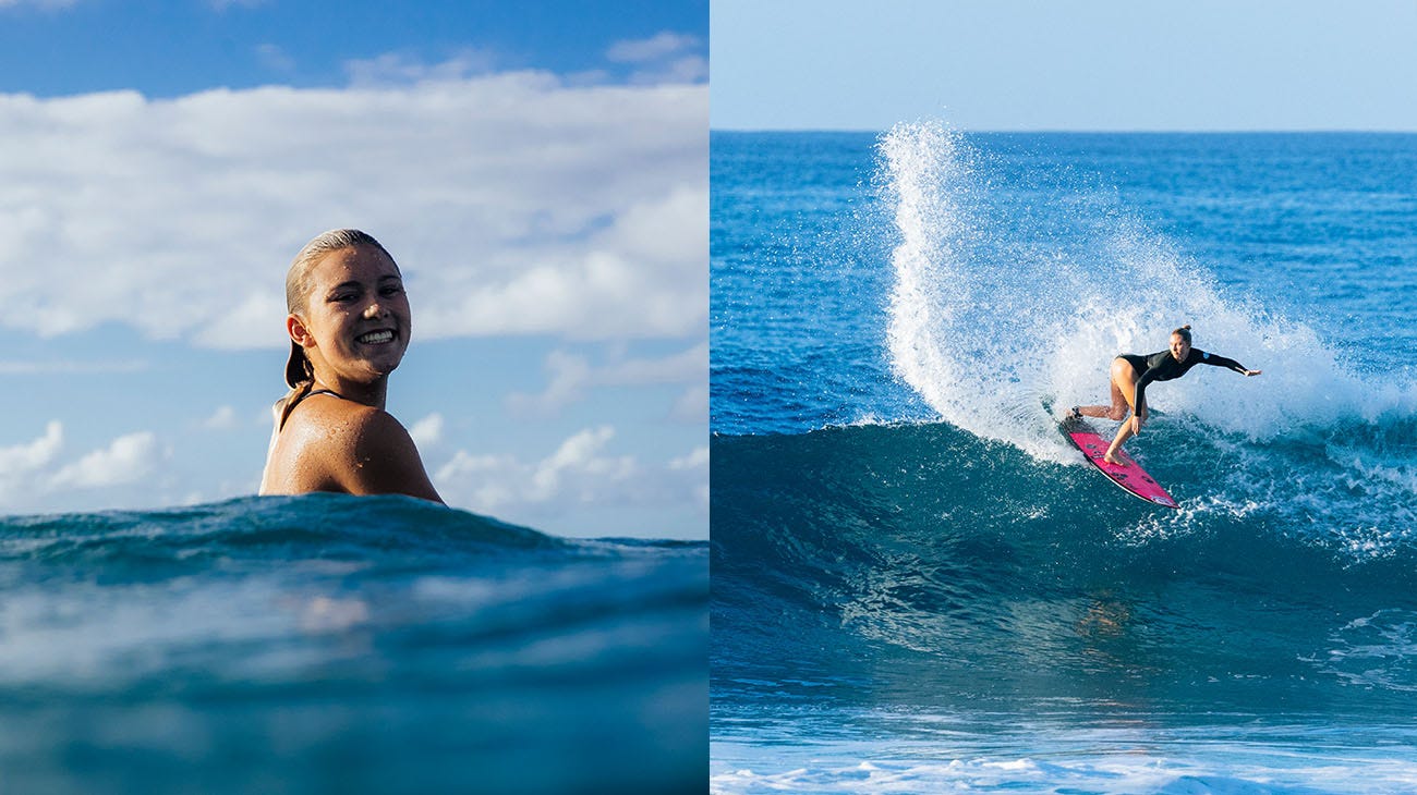 Left: Alyssa Spencer in the ocean. Right: Surfing shot of Alyssa Spencer from Hawaii