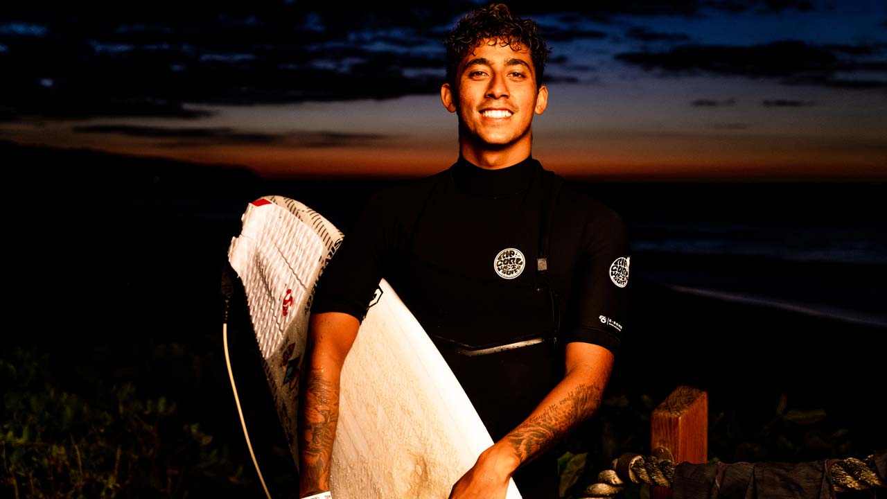 Rip Curl team rider Sammy Pupo at sunset in Hawaii.