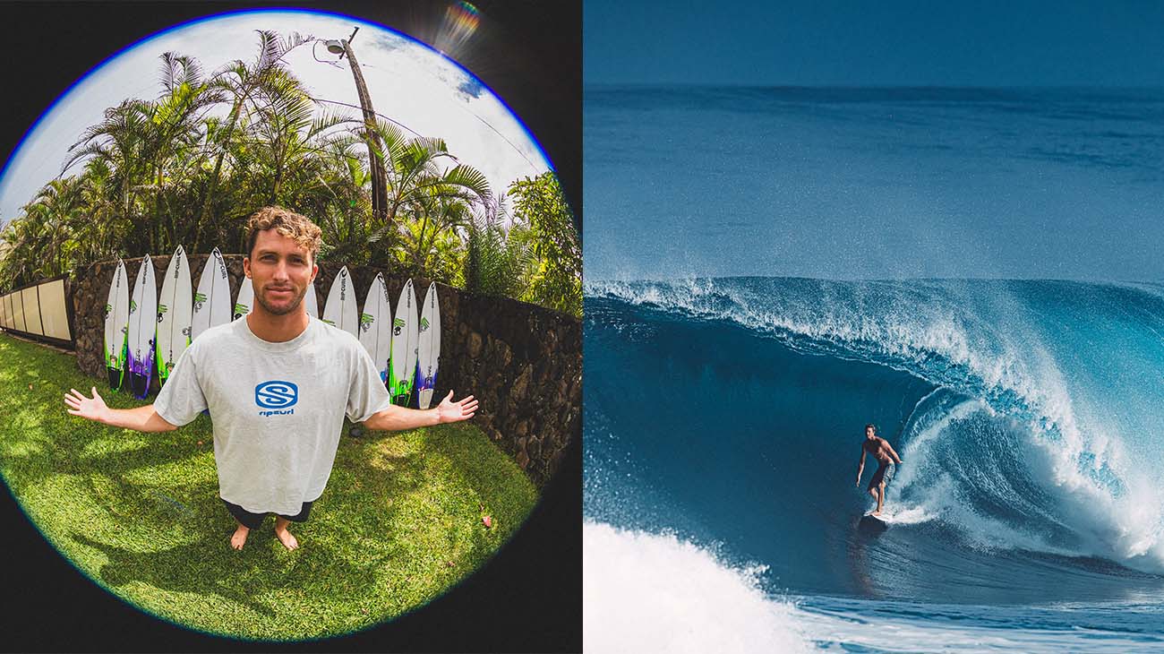 Left: Fisheye image of Crosby Colapinto. Right: Surfing shot of Crosby Colapinto from Hawaii